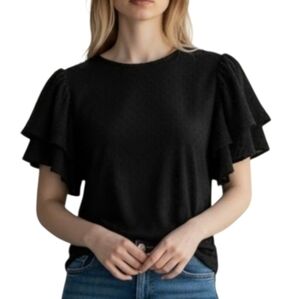 Green Envelope Black Ruffle Sleeve Blouse
